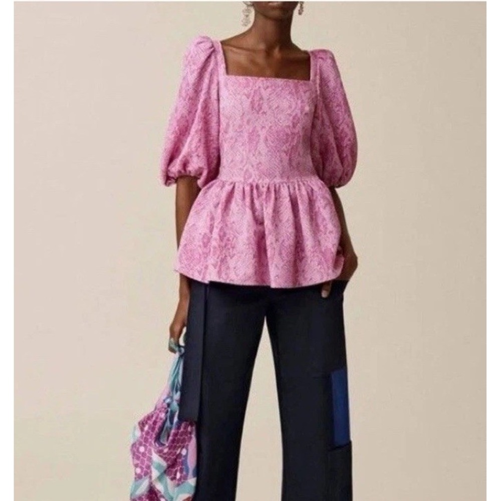 Stine Goya Irene Pink Snakeskin Puff Sleeve Peplum Top XL Structure Stretch